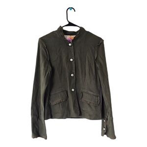 Tulle jacket womens XL green Ruffles welt pockets long sleeves button up